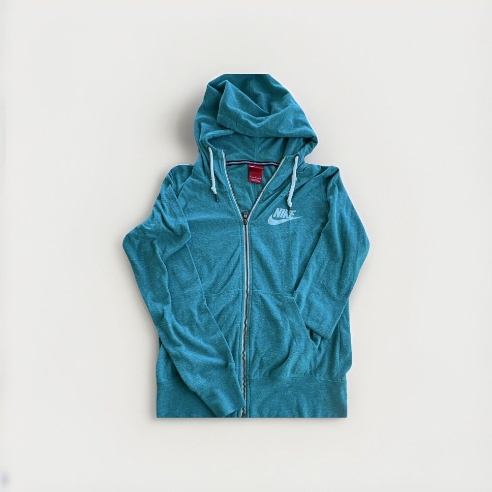 Nike Women’s Teal Full-Zip Hooded Hoodie M Knit Logo Pockets Drawstring